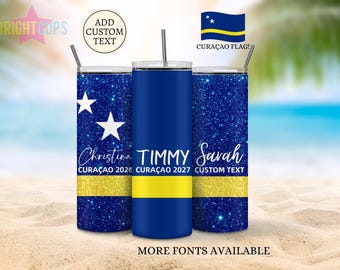 Vasos para vacaciones en Curazao, vasos personalizados para viajes de chicas con nombres, vasos con la bandera de Curazao para viajes familiares, viajes en grupo, vasos para vacaciones de cumpleaños.