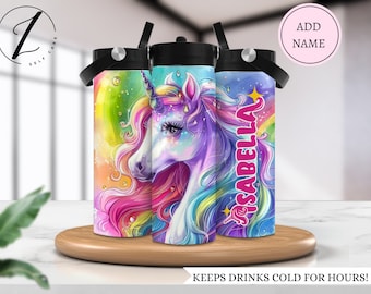 Children's Unicorn Aluminum Water Bottle – 500ml, Customizable With School Name, White