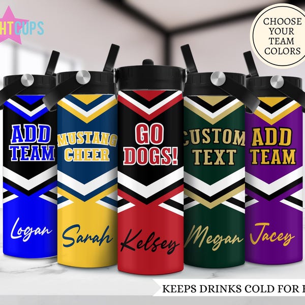 Cheer team water bottles, Insulated cheerleader sports bottle, Custom gift for cheer leader, Competition gift, Middle school cheer team cups