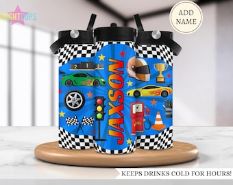 Botella de agua con temática de coches de carreras para niños, ideal para niños amantes de los coches, personalizada con nombre, botella de agua escolar, vaso con diseño de piloto de carreras, a prueba de fugas.