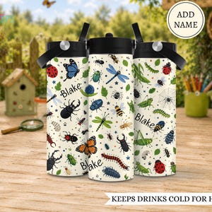 Botella de agua con insectos para niños, Niño que ama los bichos, Botella de agua escolar personalizada con nombre, Botella de agua de pequeño explorador, Taza con insectos
