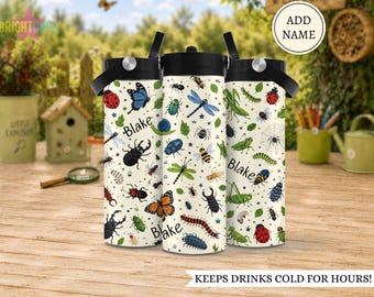 Botella de agua con insectos para niños, Niño que ama los bichos, Botella de agua escolar personalizada con nombre, Botella de agua de pequeño explorador, Taza con insectos