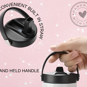 May include: A black stainless steel water bottle with a built-in straw and a hand-held handle. The lid has a convenient built-in straw and a loop handle. The bottle is labeled "Handmade with Love".