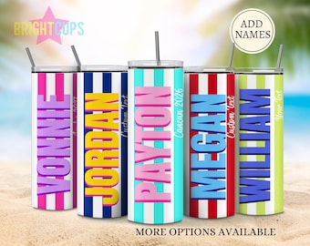 Vaso de playa a rayas, personalizado, tazas familiares a juego, vaso de playa personalizado para niñas, tazas térmicas para cumpleaños.