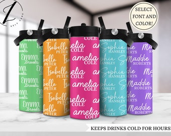 Garrafa de água com nome personalizado para menina, Garrafa de água colorida com primeiro e último nome, Garrafa de água escolar isolada para menina, Copo infantil personalizado com nome