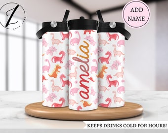 Botella de agua de dinosaurio rosa para niños, Botella de agua escolar para niños con nombre, Niño que ama los dinosaurios, Taza para niños personalizada, Botella de agua para niña