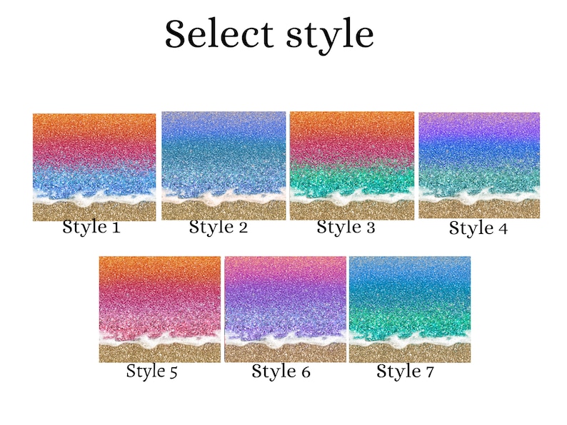 May include: Seven different glitter background designs with a beach scene. The designs feature a gradient of colors, including pink, orange, blue, green, and purple. The beach scene includes a white wave and sand.