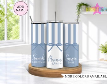 Bridesmaid dusty blue striped tumblers, Tumblers for bachelorette, Wedding cups, Customized gifts for bridesmaids with names, Wedding party