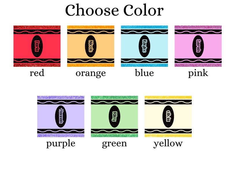 May include: A chart with crayon-shaped boxes in different colors, including red, orange, yellow, green, blue, purple, and pink. Each box has a name written inside.