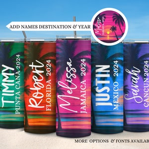 Family vacation tumblers, Palm tree sunset family group tumblers, Custom beach tumblers, Neon palm tree vacations, Matching tumblers