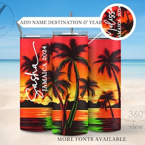 Jamaika Urlaub Becher, Mädchen Reise Becher, personalisierte Neon Palme Sonnenuntergang Tasse, Benutzerdefinierte Familienurlaub Tassen, Jamaika Mädchen Reise Becher