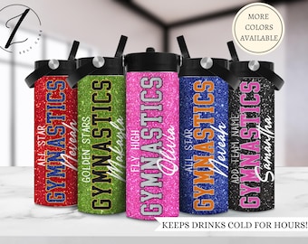 Botella de agua para equipo de gimnasia, regalo personalizado para gimnasta, botella de agua con purpurina para hija, botella deportiva para equipo de competición con nombre