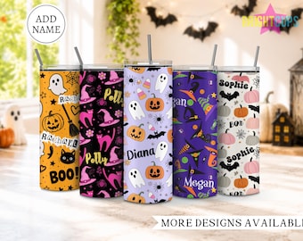 Vasos con temática de Halloween personalizados con nombre, vasos personalizados para la temporada de Halloween, vasos con fantasmas, vasos otoñales con temática de brujas, vasos personalizados para fiestas de Halloween.