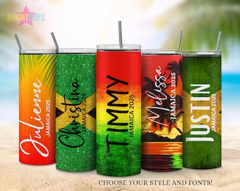 Vasos de vacaciones en Jamaica, Vaso para viaje de cumpleaños, Vasos a juego para viajes en grupo, Vaso con la bandera de Jamaica, Viaje de chicas a Jamaica, Vacaciones familiares