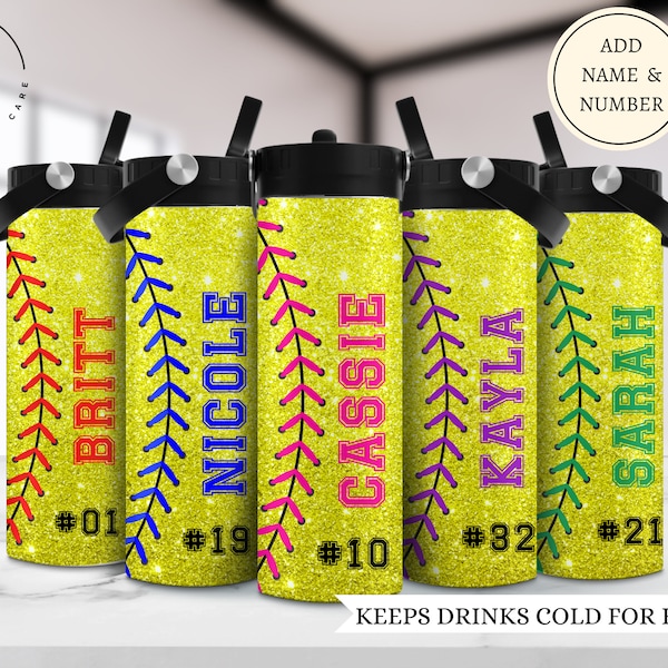 Custom softball team water bottles, Glitter softball tumbler, Gift for softball team, Personalized softball group cups, Bottle with name
