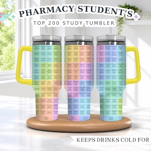 May include: Three stainless steel tumblers with clear lids and yellow handles, featuring a grid pattern of pastel-colored squares with printed text. The text reads Pharmacy Student's Top 200 Study Tumbler and Keeps Drinks Cold For Hours.
