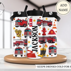 Fire trucks water bottle for kids, Custom School water bottle, Kids cup with name, Gift for boy who loves fire trucks, Gift for grandson