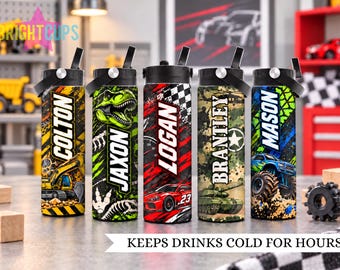 Custom kids water bottles, Insulated water bottles for boys, Kids army cup, Race car boys, Dinosaur cup, School water bottle with name
