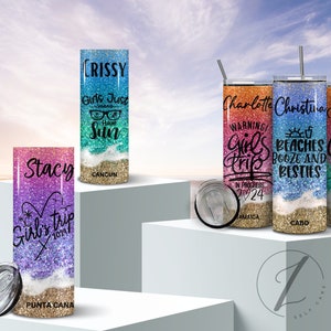 May include: Set of six personalized stainless steel tumblers with glitter and beach-themed designs. The tumblers feature names, destinations, and phrases like "Girls Trip" and "Beaches, Booze, and Besties".