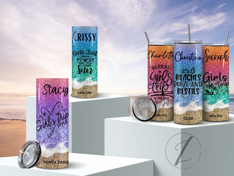 May include: Set of six personalized stainless steel tumblers with glitter and beach-themed designs. The tumblers feature names, destinations, and phrases like "Girls Trip" and "Beaches, Booze, and Besties".