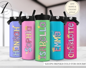 Botellas de agua de princesa para niños, Botella de agua escolar para niñas, Taza infantil de princesa personalizada con nombre, Botella de agua personalizada a prueba de fugas