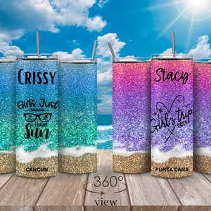 May include: Two glitter tumblers with a beach theme. The tumbler on the left is blue and green with the text "CRISSY Girls Just Wanna Have Sun" and "CANCUN". The tumbler on the right is pink and purple with the text "Stacy Girl's Trip 2024" and "PUNTA CANA".