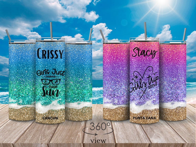 May include: Two glitter tumblers with a beach theme. The tumbler on the left is blue and green with the text "CRISSY Girls Just Wanna Have Sun" and "CANCUN". The tumbler on the right is pink and purple with the text "Stacy Girl's Trip 2024" and "PUNTA CANA".