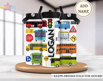 Botella de agua de autobús para niños, regalo para niño amante de los autobuses, botella de agua de transporte público, botella de agua escolar, regalo personalizado para nieto