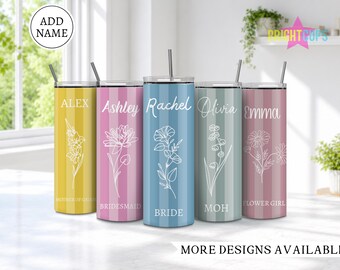 Dusty blue stripe bridesmaids tumbler, Gift for bridesmaids, Birth Flower cup with name, Bachelorette trip cups, Personalized wedding cups