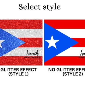 Peut inclure: Deux images du drapeau portoricain, l'une avec un effet de paillettes et l'autre sans. Le drapeau est rouge, blanc et bleu avec une &eacute;toile blanche sur un triangle bleu. Le texte "Savah PUERTO RICO 2024" est sous le drapeau.