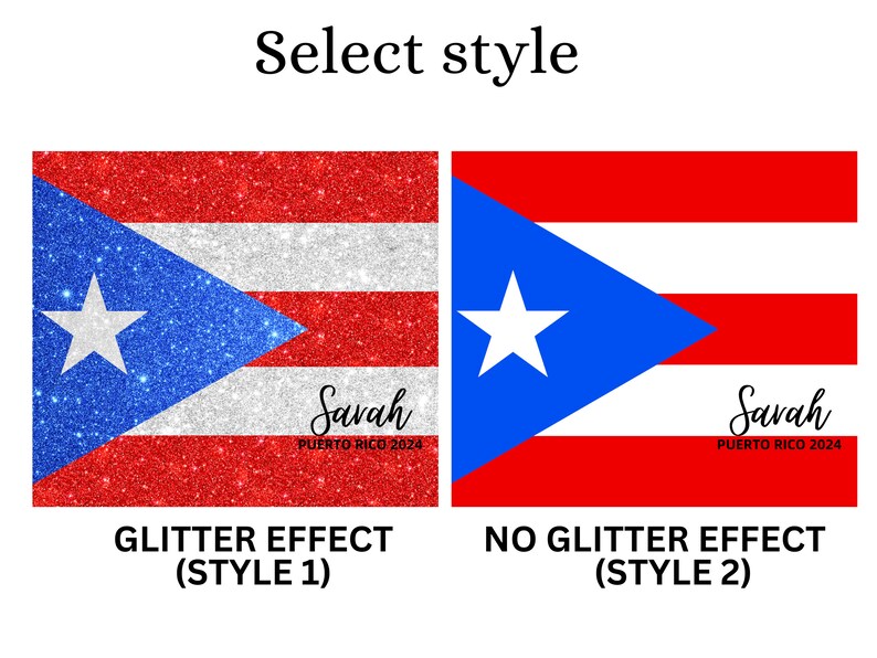 Peut inclure: Deux images du drapeau portoricain, l'une avec un effet de paillettes et l'autre sans. Le drapeau est rouge, blanc et bleu avec une &eacute;toile blanche sur un triangle bleu. Le texte "Savah PUERTO RICO 2024" est sous le drapeau.