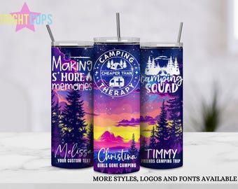 Vaso de viaje de campamento de montaña de neón, viaje en grupo familiar, vasos de vacaciones de campamento con amigos, taza personalizada con nombre, vasos de campamento divertidos