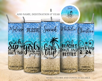 Girls trip vacation tumblers, Matching birthday vacation tumblers, Girl group trip beach glitter tumblers, Custom all girls trip cups