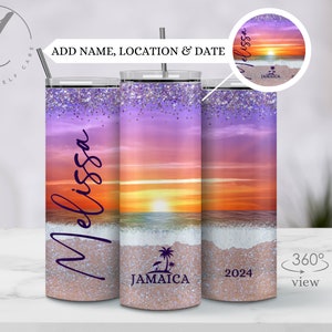 Personalized vacation destination tumbler, Beach sunset tumbler, Girl&#39;s trip tumbler, Custom beach vacation cup, Family vacation tumbler