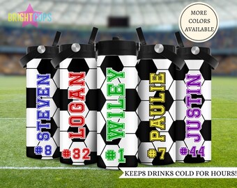 Botella de agua personalizada para fútbol para niños, vasos para equipos de fútbol juvenil, vaso deportivo térmico con nombre personalizado, regalo para equipos de fútbol, escuela secundaria.