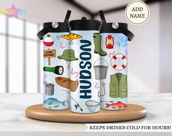 Botella de agua de pesca para niño, vaso infantil con temática de pesca, regalo para nieto, vaso de pesca con papá, botella de agua escolar aislada con nombre