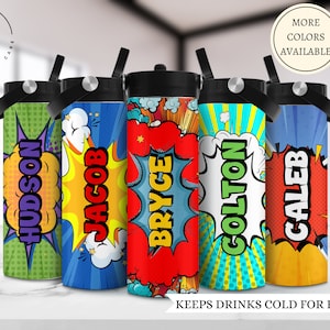 May include: Five colourful stainless steel water bottles with personalised names in a comic book style. The names are "Hudson", "Jacob", "Bryce", "Colton", and "Caleb". Each bottle has a black lid with a straw and a black handle.