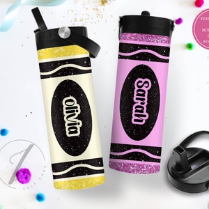 May include: Two personalized water bottles with a crayon design. The bottles are pink and yellow with black glitter and the names "Olivia" and "Sarah" are printed on them.
