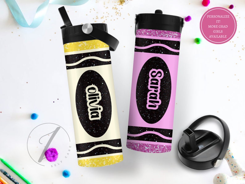 May include: Two personalized water bottles with a crayon design. The bottles are pink and yellow with black glitter and the names "Olivia" and "Sarah" are printed on them.