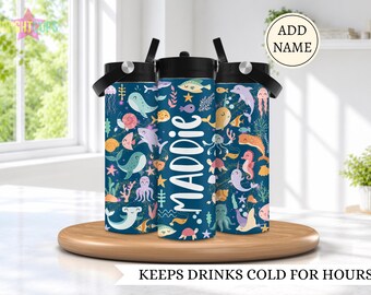 Sea animals water bottle, Girls school water bottle, Insulated cup, Leak proof kids cups, Custom with name, Kids ocean sea life cup, Dolphin