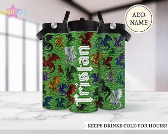 Botella de agua infantil con diseño de dragón, ideal para niños amantes de los dragones, botella de agua escolar isotérmica, personalizada con nombre, vaso personalizado para niños, a prueba de fugas.