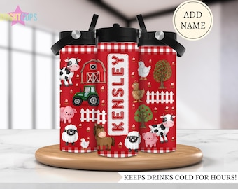 Botella de agua con temática de granja para niños, botella de agua con animales de granja, vaso infantil personalizado, vaso personalizado para la escuela, botella de agua isotérmica para jóvenes