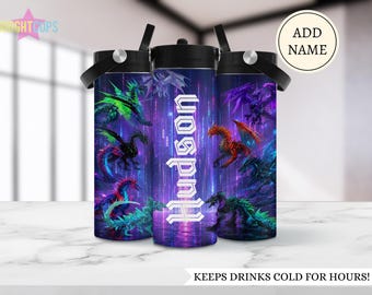 Dragon theme boy water bottle, Castle dragons, Mystical dragon cup with built in straw, Personalized kids cup, School water bottle with name