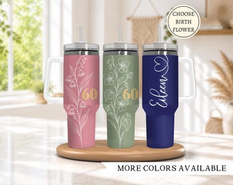 60th birthday 40oz tumbler, Custom birth flower tumbler, Milestone birthday gift, Gift for mom, Personalized birthday tumbler with handle