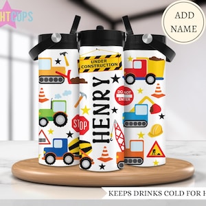 Dumper Trinkflasche, Bauwasserflasche für Kinder, Bagger Tasse mit Namen, Auslaufsichere Wasserflasche für Kinder, individuelles Geschenk für Kinder