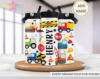 Botella de agua con forma de camión volquete, botella de agua para construcción para niños, taza de excavadora con nombre, botella de agua a prueba de fugas para niños, regalo personalizado para niños