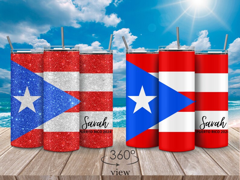 Peut inclure: Ensemble de cinq gobelets en acier inoxydable avec une finition paillet&eacute;e. Chaque gobelet arbore le drapeau portoricain avec un motif rouge, blanc et bleu. Les gobelets sont d&eacute;cor&eacute;s du texte "Savah Puerto Rico 2024".