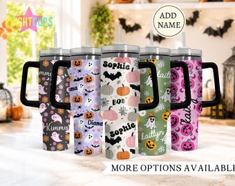 Halloween 40oz tumblers, Spooky ghost tumblers, Halloween season cup, Pumpkin tumbler, 40 ounce with handle, Custom Halloween Bat name cup