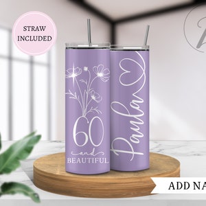 60th birthday tumbler, Custom birthday gift for 60th birthday, Tumbler for grandma, Tumbler gift for mom, Birthday flower cup with name