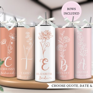 Bridesmaid name tumbler, Custom proposal tumbler bridesmaids, Peach colored tumblers, Birth flower tumbler with name, Matching tumblers